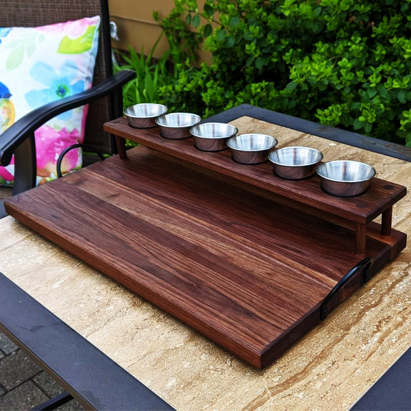 Black Walnut Wood Beer Flight Butcher Block / Charcuterie Board with 5.5 oz. Taster Glasses, Stainless Steel Sauce Cups, Cast Iron Handles, & Clear Rubber Grip Feet