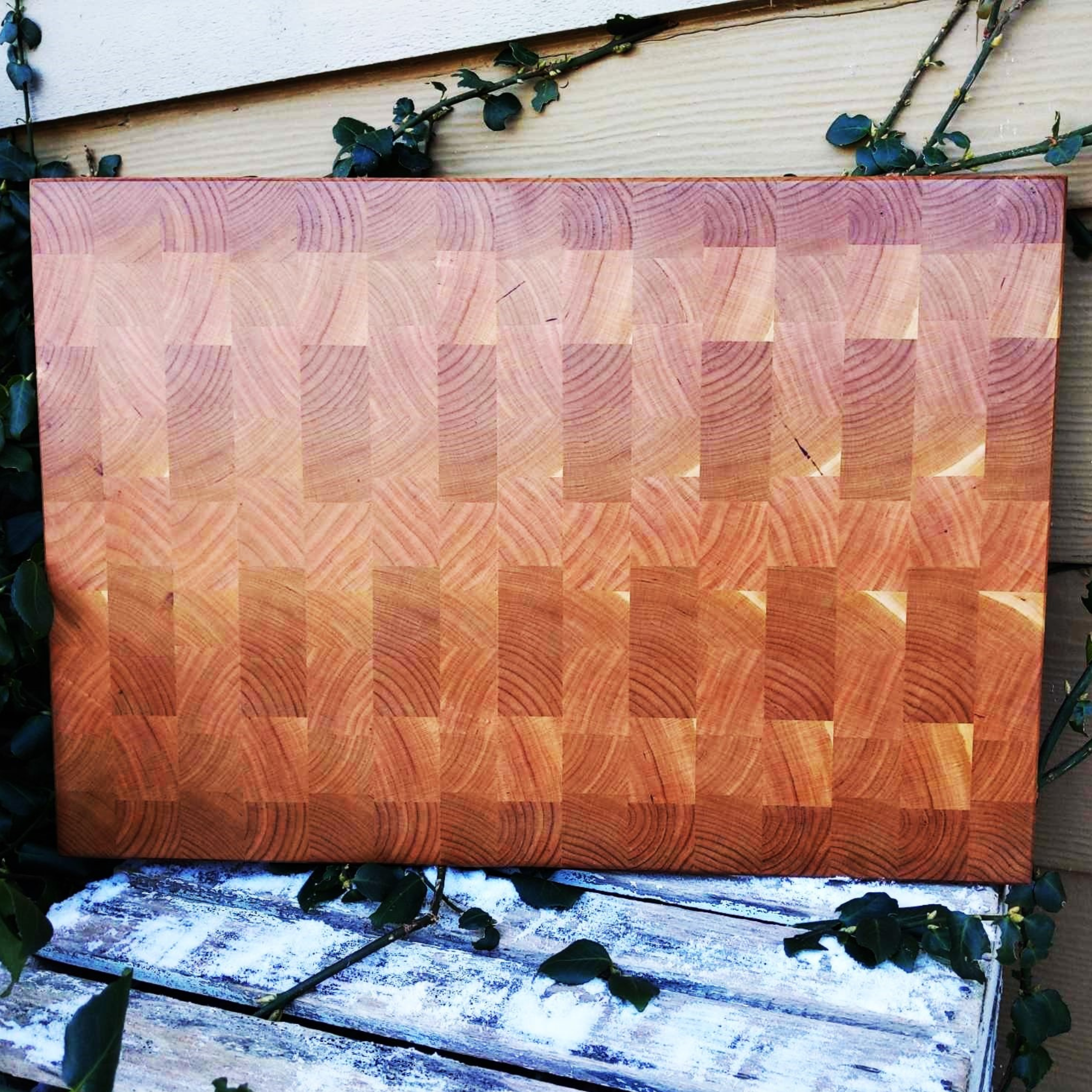 Large Cherry Wood End Grain Cutting Board with Beveled Edge, Wooden Butcher Block Board