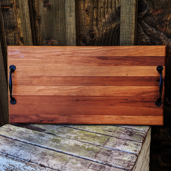 Spalted Cherry Wood Charcuterie Board with Sturdy Cast Iron Handles & Clear Rubber Grip Feet Wooden Cheese Serving Tray