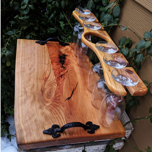 Spalted Cherry Wood Wine Charcuterie Board with Six Wine Glasses, Cast Iron Handles, & Clear Rubber Grip Feet