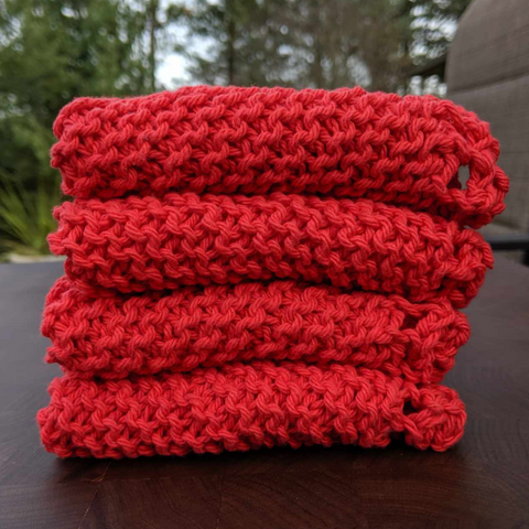 Set of Four Hand-Knit Washcloths, 100% Cotton Dishrags, Red