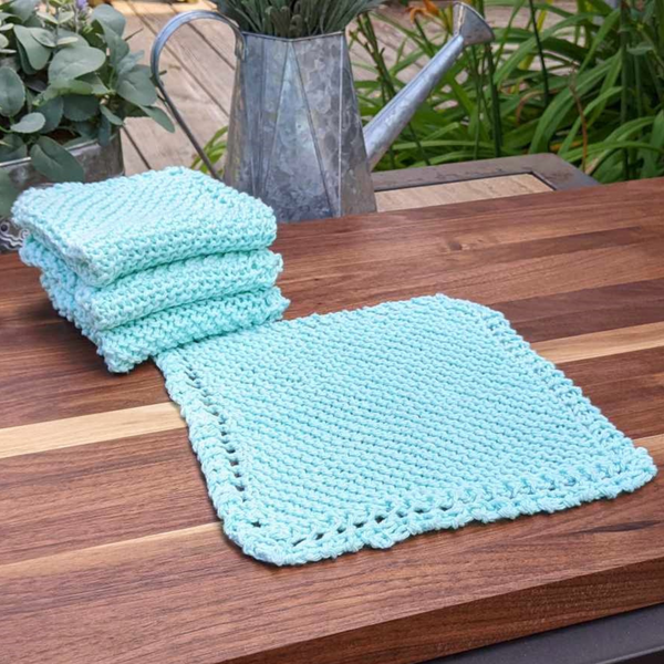 Set of Four Hand-Knit Washcloths, 100% Cotton Dishrags, Mint Green