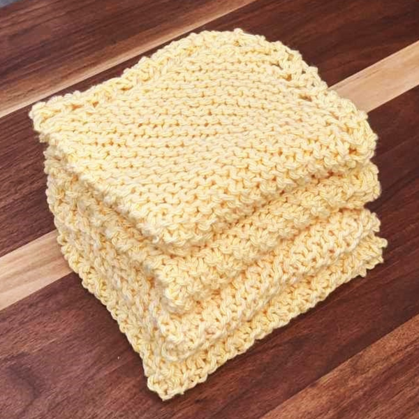 Set of Four Hand-Knit Washcloths, 100% Cotton Dishrags, Bright Yellow