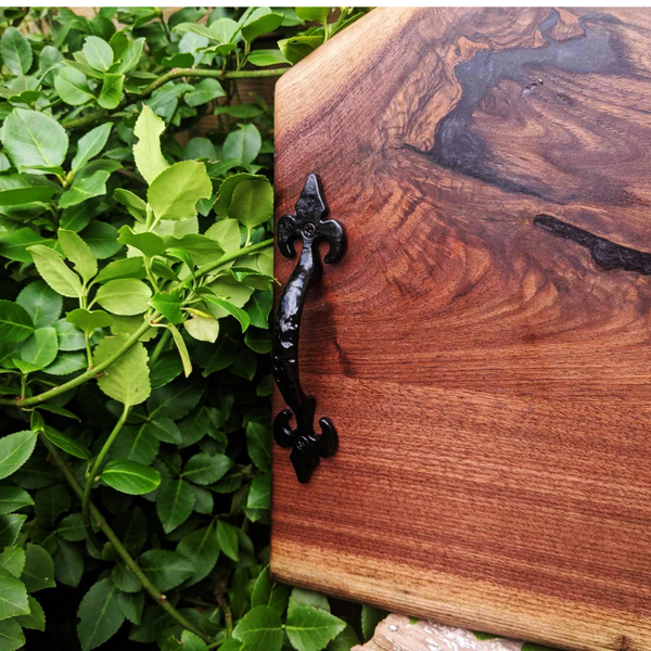 Large Black Walnut Live Edge Charcuterie Board Serving Tray With Handles & Clear Rubber Grip Feet.