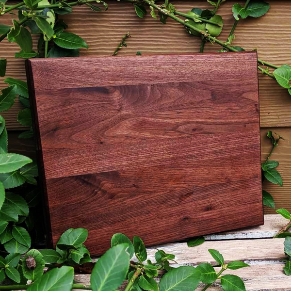 Black Walnut Wood Edge Grain Cutting Board with Beveled Edge & Rubber Grip Feet.