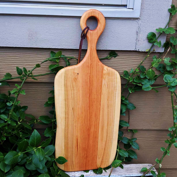 Cherry Wood Charcuterie Board With Handle & Leather Strap Wooden Serving Tray