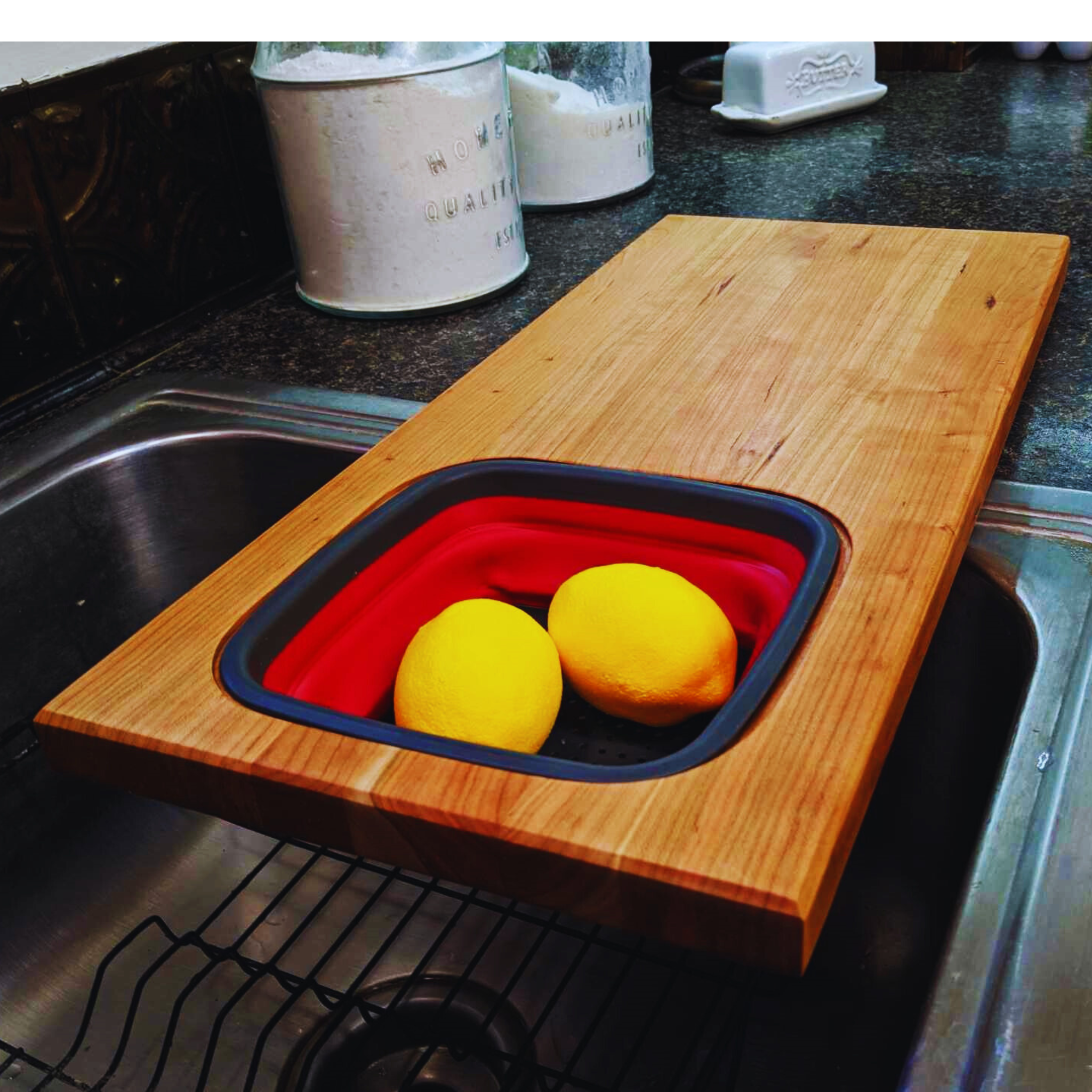 Over the Sink Cherry Wood Edge Grain Cutting Board with Colander and Clear Rubber Grip Feet