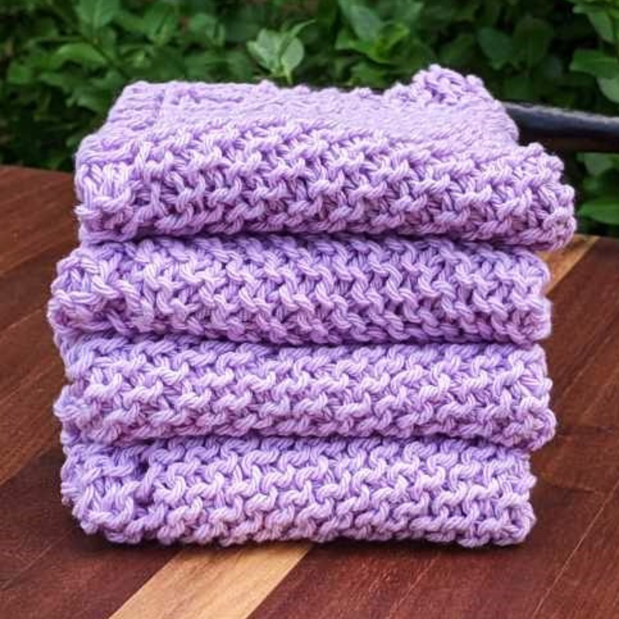 Set of Four Hand-Knit Washcloths, 100% Cotton Dishrags, Lilac Purple