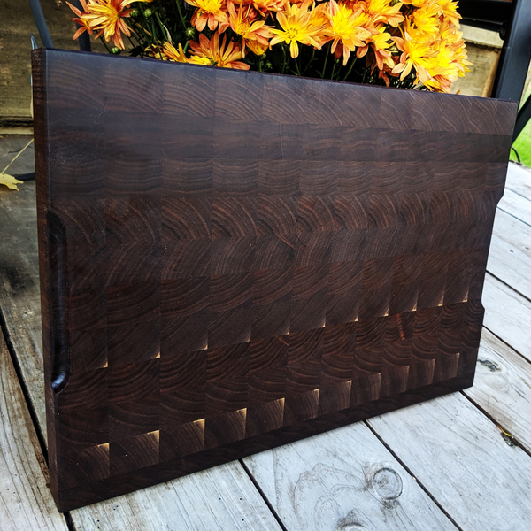 Large Black Walnut Wood End Grain Cutting Board with Hand Grooves, Wooden Butcher Board