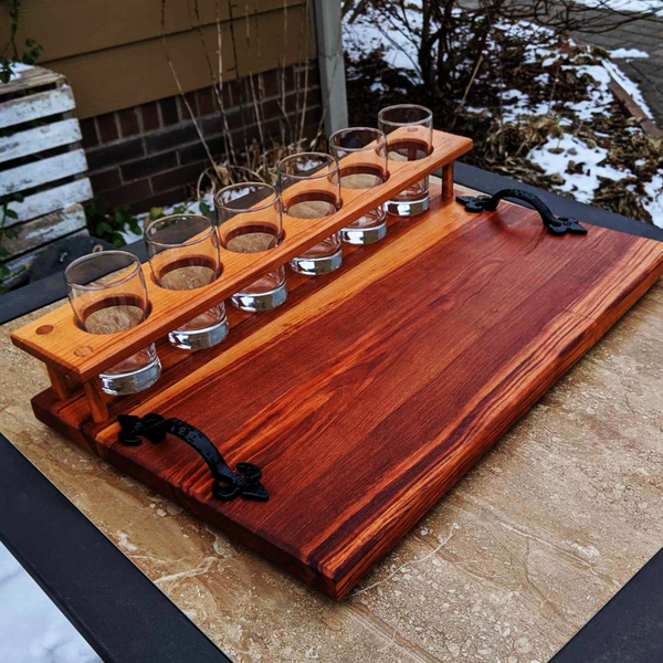 Spalted Cherry Wood Beer Flight Charcuterie Board with 5.5 oz. Taster Glasses, Stainless Steel Sauce Cups, Cast Iron Handles, & Clear Rubber Grip Feet