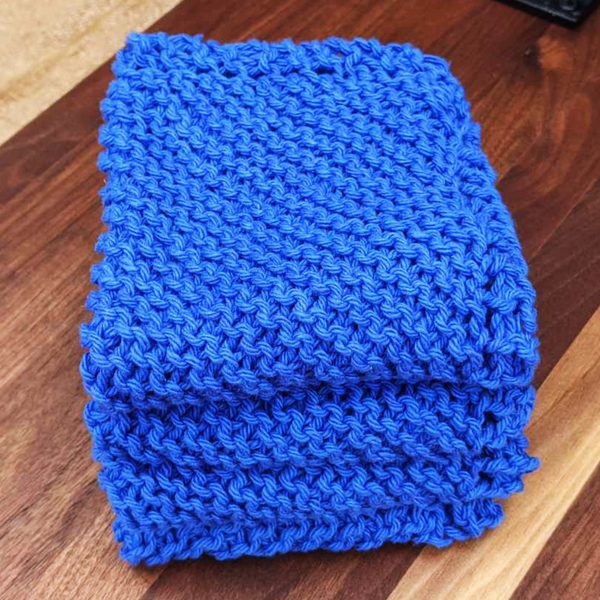 Set of Four Hand-Knit Washcloths, 100% Cotton Dishrags Bright Cobalt Blue