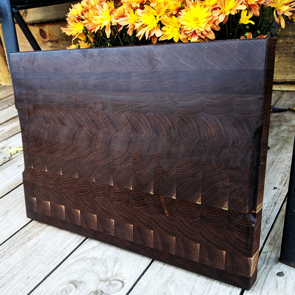 Large Black Walnut Wood End Grain Cutting Board with Hand Grooves, Wooden Butcher Board