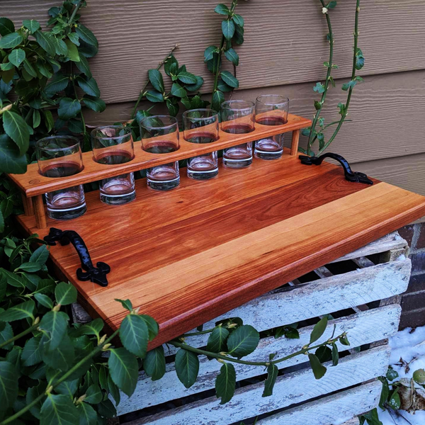 Spalted Cherry Wood Beer Flight Charcuterie Board with 5.5 oz. Taster Glasses, Stainless Steel Sauce Cups, Cast Iron Handles, & Clear Rubber Grip Feet