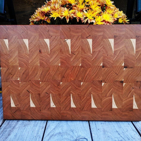 Large Cherry Wood End Grain Cutting Board with Hand Grooves and a Beveled Edge, Wooden Butcher Block Board
