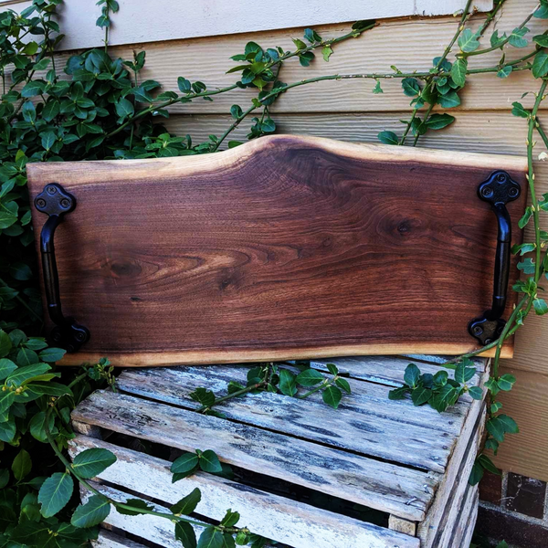 Black Walnut Wood Charcuterie Board / Wooden Serving Tray With Heavy Duty Cast Iron Handles & Clear Rubber Feet