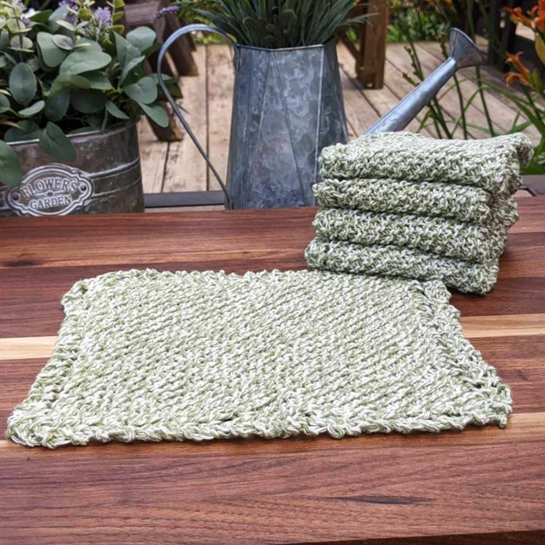 Set of Four Hand-Knit Washcloths, 100% Cotton Dishrags, Sage Green & White