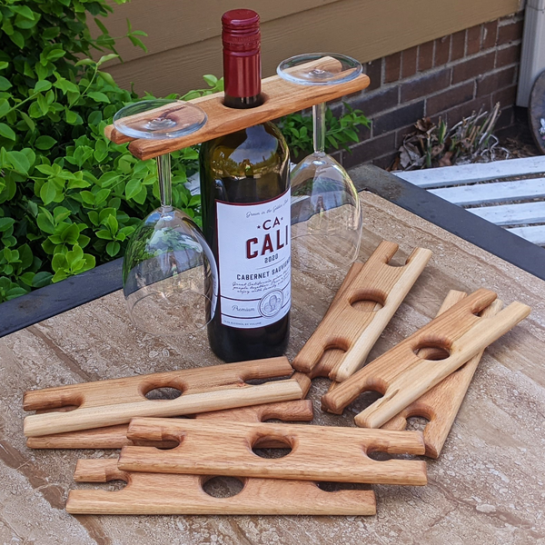 Oak Hardwood Wine Bottle & Glass Caddy 2-Glass