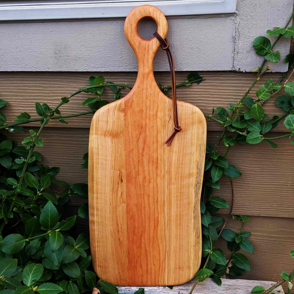 Cherry Wood Charcuterie Board With Handle & Leather Strap Wooden Serving Tray