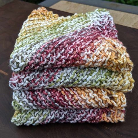 Set of Four Ombre Hand-Knit Washcloths, 100% Cotton Dishrags, Maroon, Mustard Yellow, Sage Green, and White