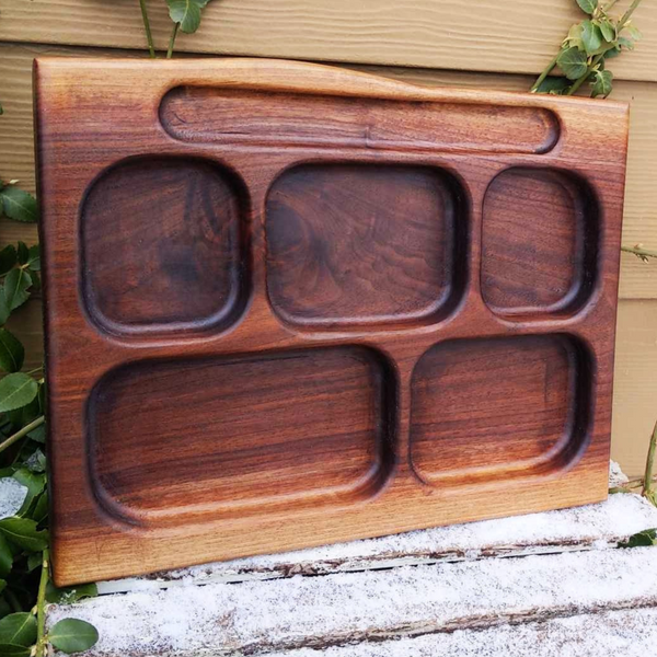 Black Walnut Wood Divided Food Plate with Compartments, Wooden Dinner Tray