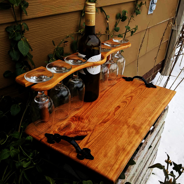 Spalted Cherry Wood Wine Charcuterie Board with Six Wine Glasses, Cast Iron Handles, & Clear Rubber Grip Feet