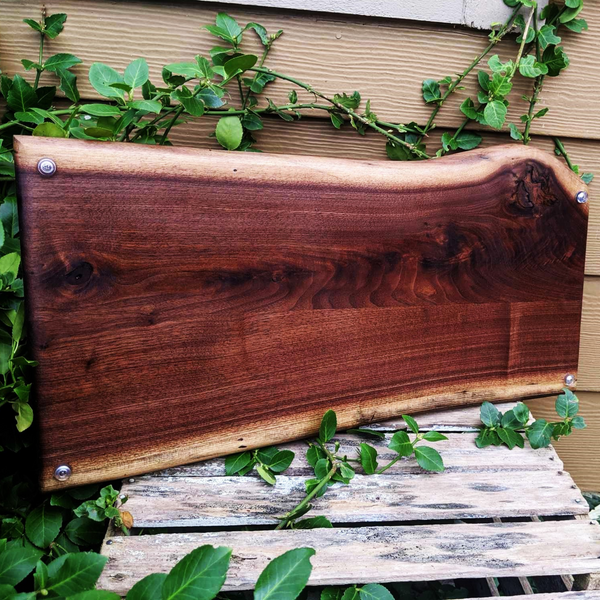 Large Black Walnut Live Edge Charcuterie Board Serving Tray With Handles & Clear Rubber Grip Feet.