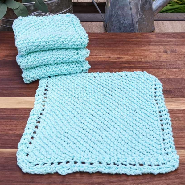 Set of Four Hand-Knit Washcloths, 100% Cotton Dishrags, Mint Green