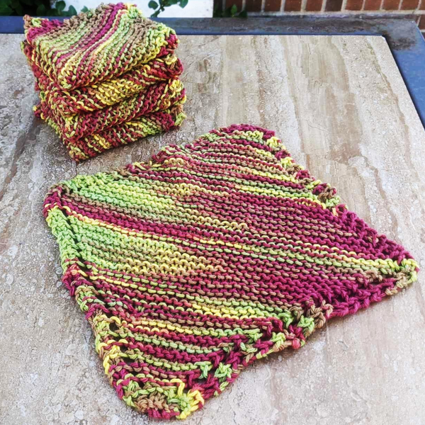 Set of Four Hand-Knit Washcloths, 100% Cotton Dishrags Burgundy, Beige, Sage Green, Golden Yellow