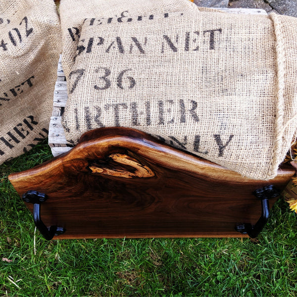 Large Black Walnut Charcuterie Board with Cast Iron Handles | Handmade Serving Tray