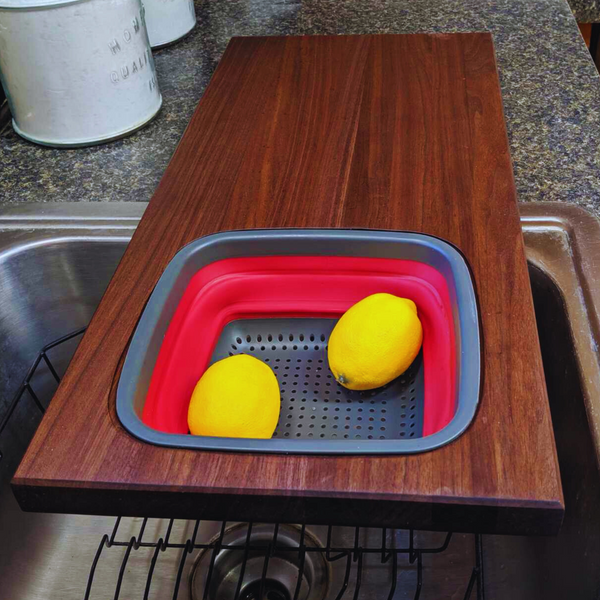 Large Over The Sink Black Walnut Edge Grain Cutting Board with Colander and Clear Rubber Grip Feet