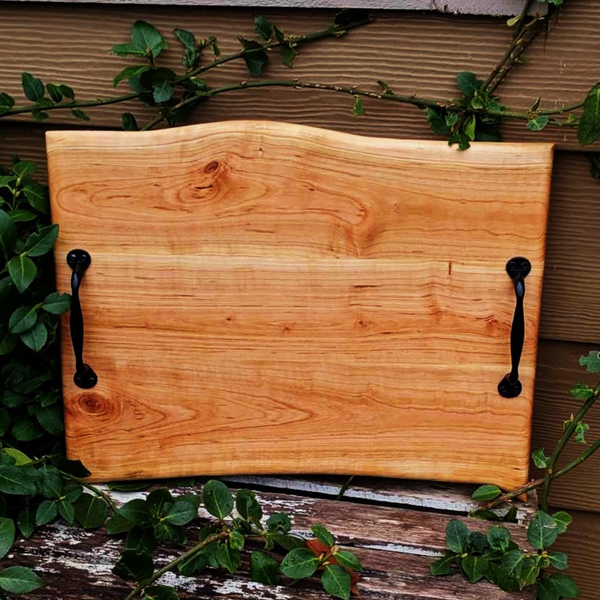 Cherry Wood Charcuterie Board with Sturdy Cast Iron Handles & Clear Rubber Grip Feet Wooden Cheese Serving Tray