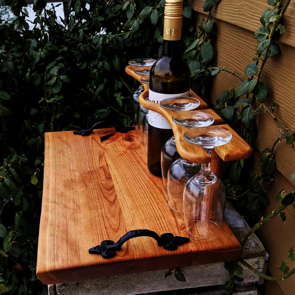 Spalted Cherry Wood Wine Charcuterie Board with Six Wine Glasses, Cast Iron Handles, & Clear Rubber Grip Feet