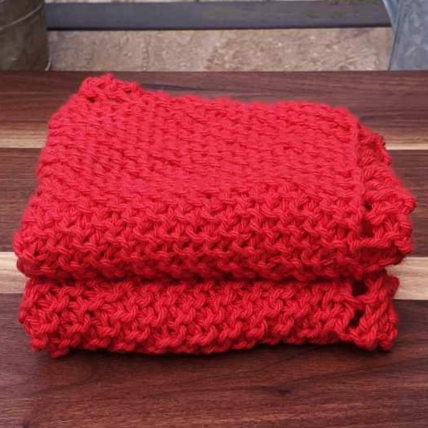 Set of Two Hand-Knit Washcloths, 100% Cotton Dishrags, Red