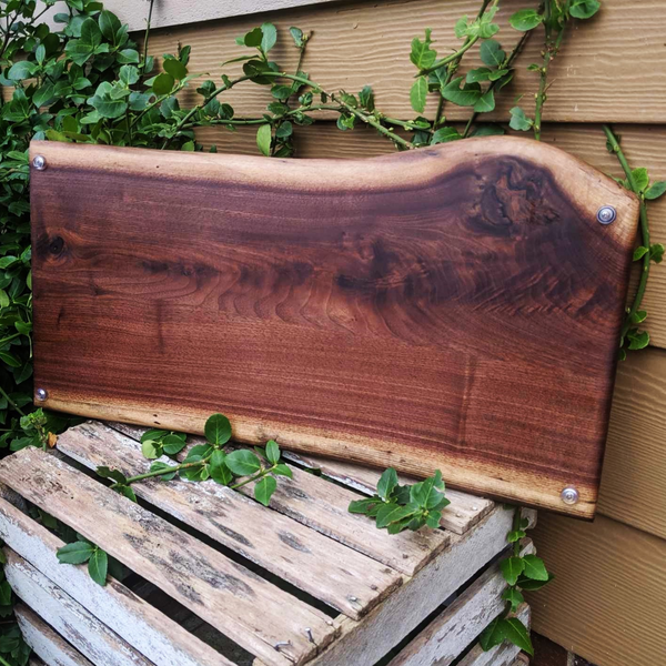 Large Black Walnut Live Edge Charcuterie Board Serving Tray With Handles & Clear Rubber Grip Feet.