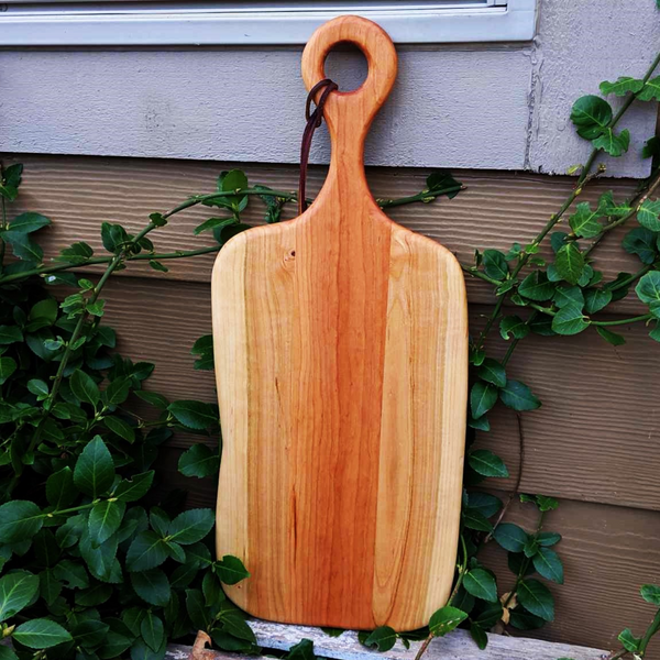 Cherry Wood Charcuterie Board With Handle & Leather Strap Wooden Serving Tray