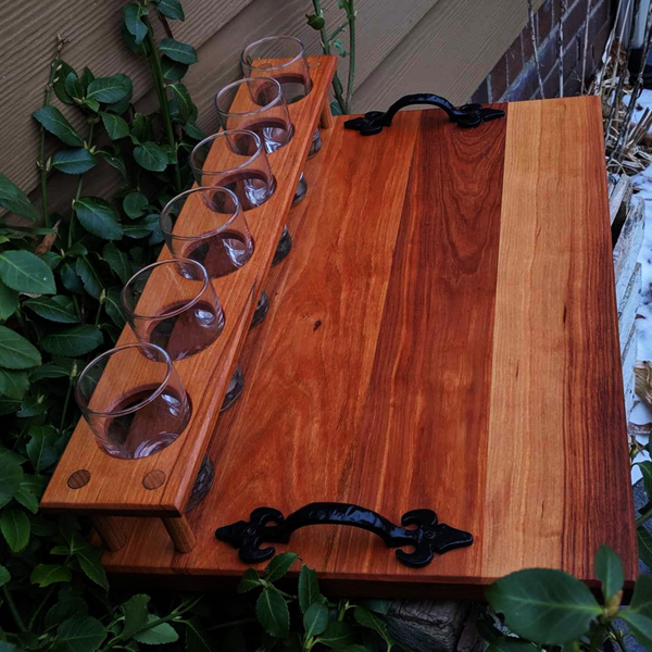 Spalted Cherry Wood Beer Flight Charcuterie Board with 5.5 oz. Taster Glasses, Stainless Steel Sauce Cups, Cast Iron Handles, & Clear Rubber Grip Feet