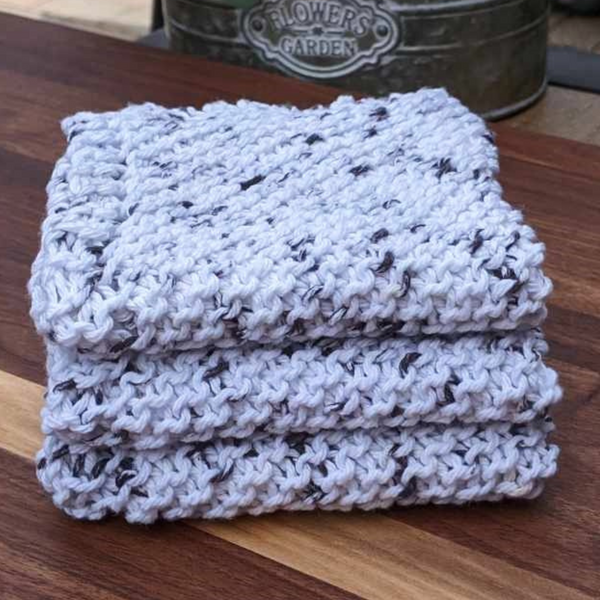 Set of Three Hand-Knit Washcloths, 100% Cotton Dishrags, Dark Gray & Off-White