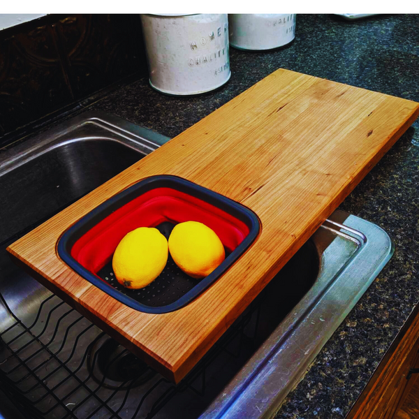 Over the Sink Cherry Wood Edge Grain Cutting Board with Colander and Clear Rubber Grip Feet