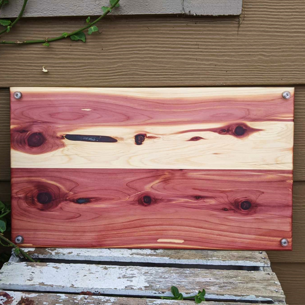 Large Red Cedar Charcuterie Board with Wrought Iron Handles & Clear Rubber Grip Feet