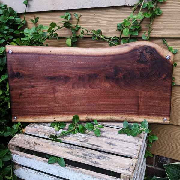 Large Black Walnut Live Edge Charcuterie Board Serving Tray With Handles & Clear Rubber Grip Feet.