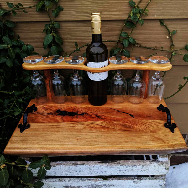 Spalted Cherry Wood Wine Charcuterie Board with Six Wine Glasses, Cast Iron Handles, & Clear Rubber Grip Feet