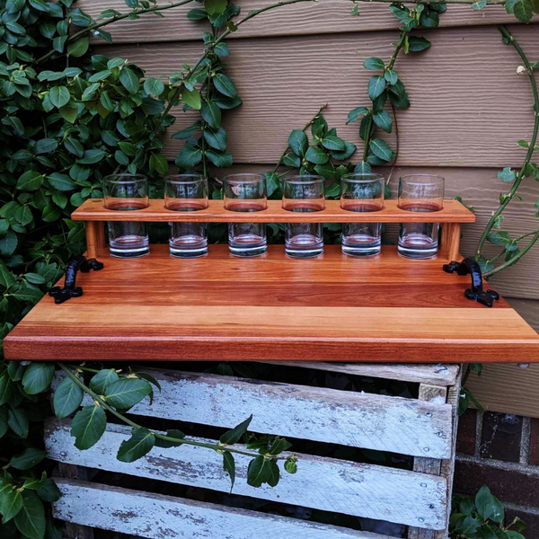 Spalted Cherry Wood Beer Flight Charcuterie Board with 5.5 oz. Taster Glasses, Stainless Steel Sauce Cups, Cast Iron Handles, & Clear Rubber Grip Feet