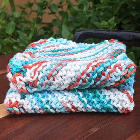 Set of Two Hand-Knit Washcloths, 100% Cotton Dishrags, Green, Blue, Orange, & White Ombre