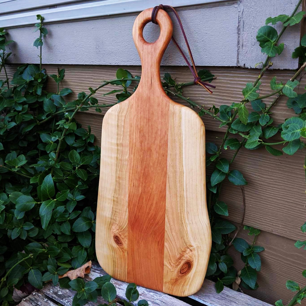 Cherry Wood Charcuterie Board With Handle & Leather Strap Wooden Serving Tray