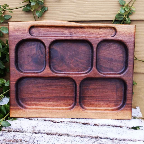 Black Walnut Wood Divided Food Plate with Compartments, Wooden Dinner Tray