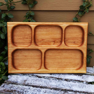 Cherry Wood Divided Food Plate with Compartments, Wooden Dinner Tray