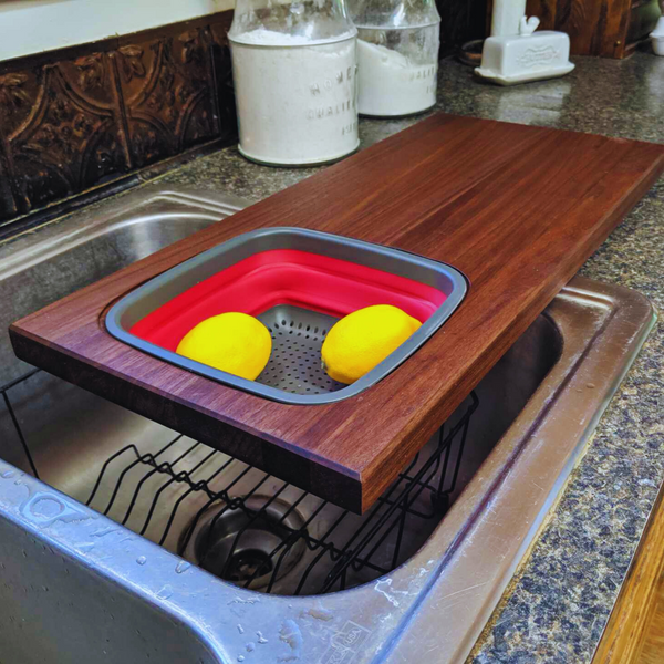 Large Over The Sink Black Walnut Edge Grain Cutting Board with Colander and Clear Rubber Grip Feet