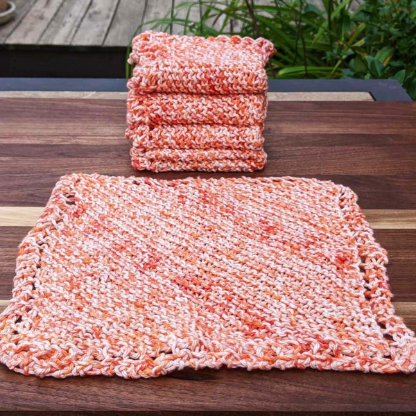 Set of Four Hand-Knit Washcloths, 100% Cotton Dishrags Orange & White