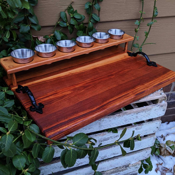 Spalted Cherry Wood Beer Flight Charcuterie Board with 5.5 oz. Taster Glasses, Stainless Steel Sauce Cups, Cast Iron Handles, & Clear Rubber Grip Feet