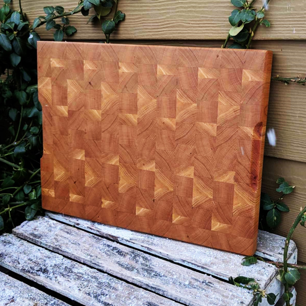 Cherry Wood End Grain Cutting Board with Hand Grooves on Sides & Beveled Edge, Wooden Butcher Block Board